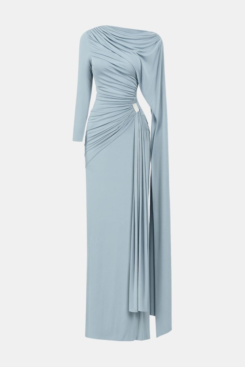 Mira – Draped Cape Ruched Maxi Dress Elegant Evening Gown - Nalani - Fashion Clothing and Decor