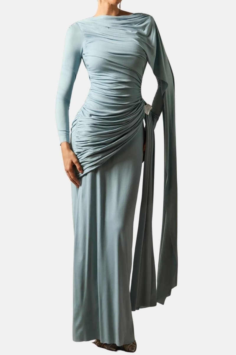 Mira – Draped Cape Ruched Maxi Dress Elegant Evening Gown - Nalani - Fashion Clothing and Decor