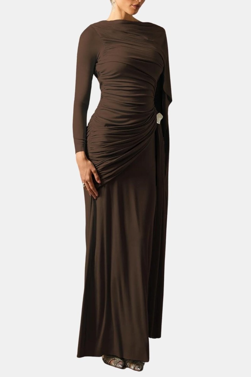 Mira – Draped Cape Ruched Maxi Dress Elegant Evening Gown - Nalani - Fashion Clothing and Decor