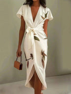 Mirea – V-Neck Urban Leaf Midi Dress With Mediterranean Flair - Nalani - Fashion Clothing and Decor