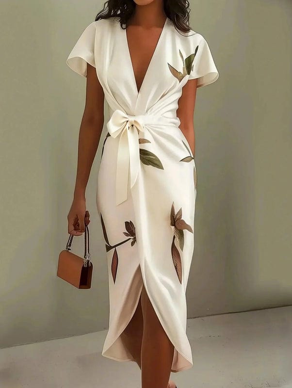 Mirea – V-Neck Urban Leaf Midi Dress With Mediterranean Flair - Nalani - Fashion Clothing and Decor
