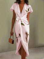 Mirea – V-Neck Urban Leaf Midi Dress With Mediterranean Flair - Nalani - Fashion Clothing and Decor