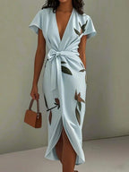Mirea – V-Neck Urban Leaf Midi Dress With Mediterranean Flair - Nalani - Fashion Clothing and Decor