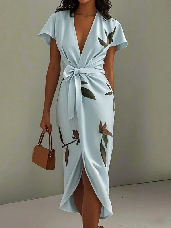 Mirea – V-Neck Urban Leaf Midi Dress With Mediterranean Flair - Nalani - Fashion Clothing and Decor