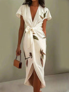 Mirea – V-Neck Urban Leaf Midi Dress With Mediterranean Flair - Nalani - Fashion Clothing and Decor