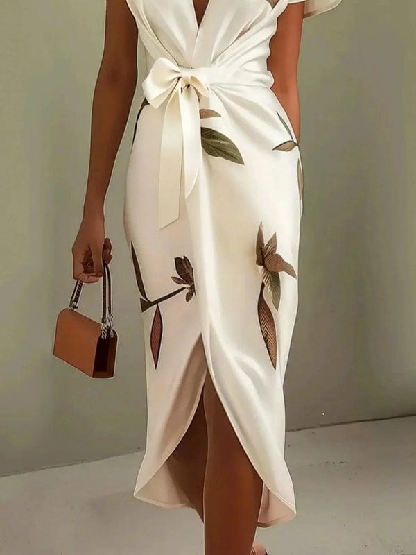 Mirea – V-Neck Urban Leaf Midi Dress With Mediterranean Flair - Nalani - Fashion Clothing and Decor
