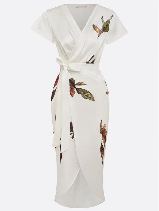 Mirea – V-Neck Urban Leaf Midi Dress With Mediterranean Flair - Nalani - Fashion Clothing and Decor