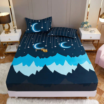 Moon Print Fitted Duvet Cover Bed Sheet With Elastic Corners Polyester - Nalani - UK Fashion Clothing and Decor