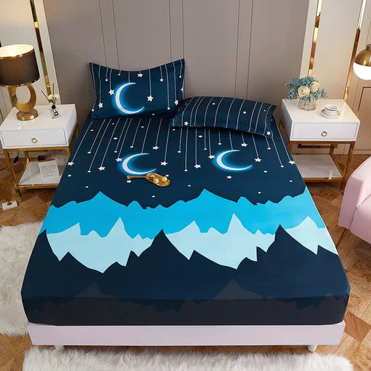 Moon Print Fitted Duvet Cover Bed Sheet With Elastic Corners Polyester - Nalani - UK Fashion Clothing and Decor