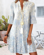 Nalani | Short - sleeved mini dress for women with boho print | Split collar - Nalani - Fashion Clothing and Decor