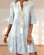 Nalani | Short - sleeved mini dress for women with boho print | Split collar - Nalani - Fashion Clothing and Decor