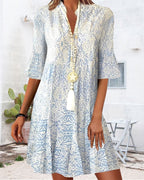 Nalani | Short - sleeved mini dress for women with boho print | Split collar - Nalani - Fashion Clothing and Decor