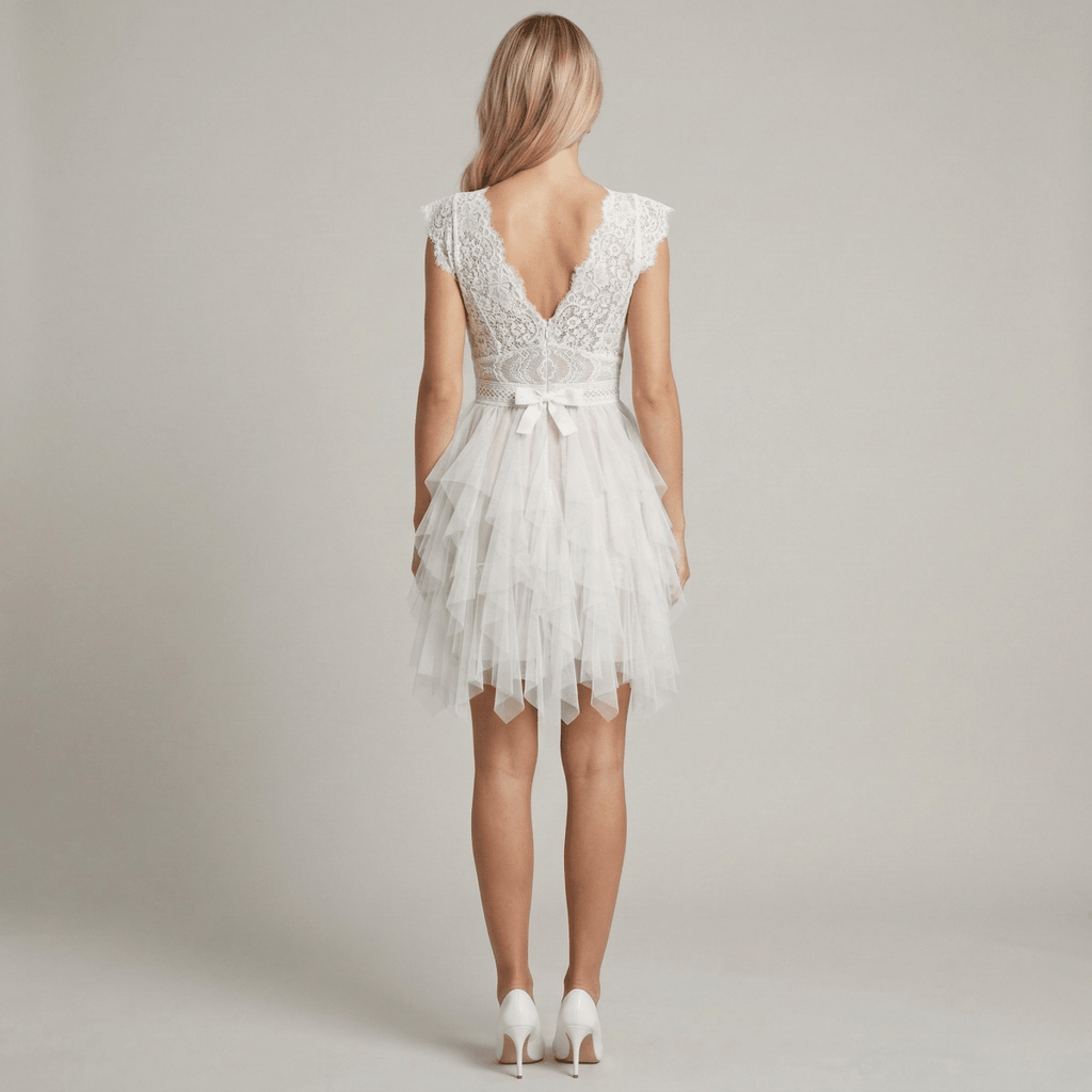 Nalani - Women's lace and tulle dress with V - neck, short elegant ceremony dress - Nalani - UK and AUS Fashion Clothing and Decor