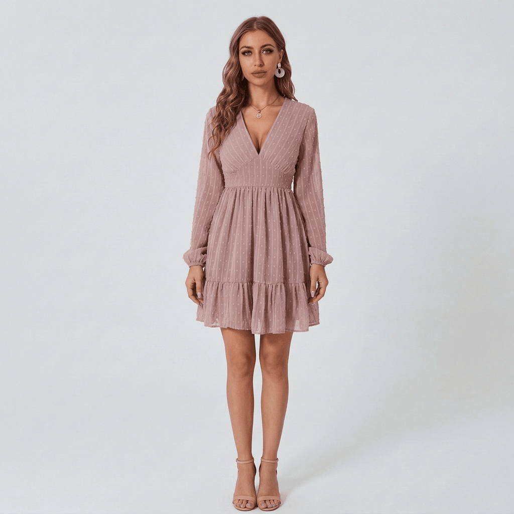 Nalani - Women's short dress with V - neck, long sleeves, elegant tiered chiffon dress - Nalani - UK and AUS Fashion Clothing and Decor
