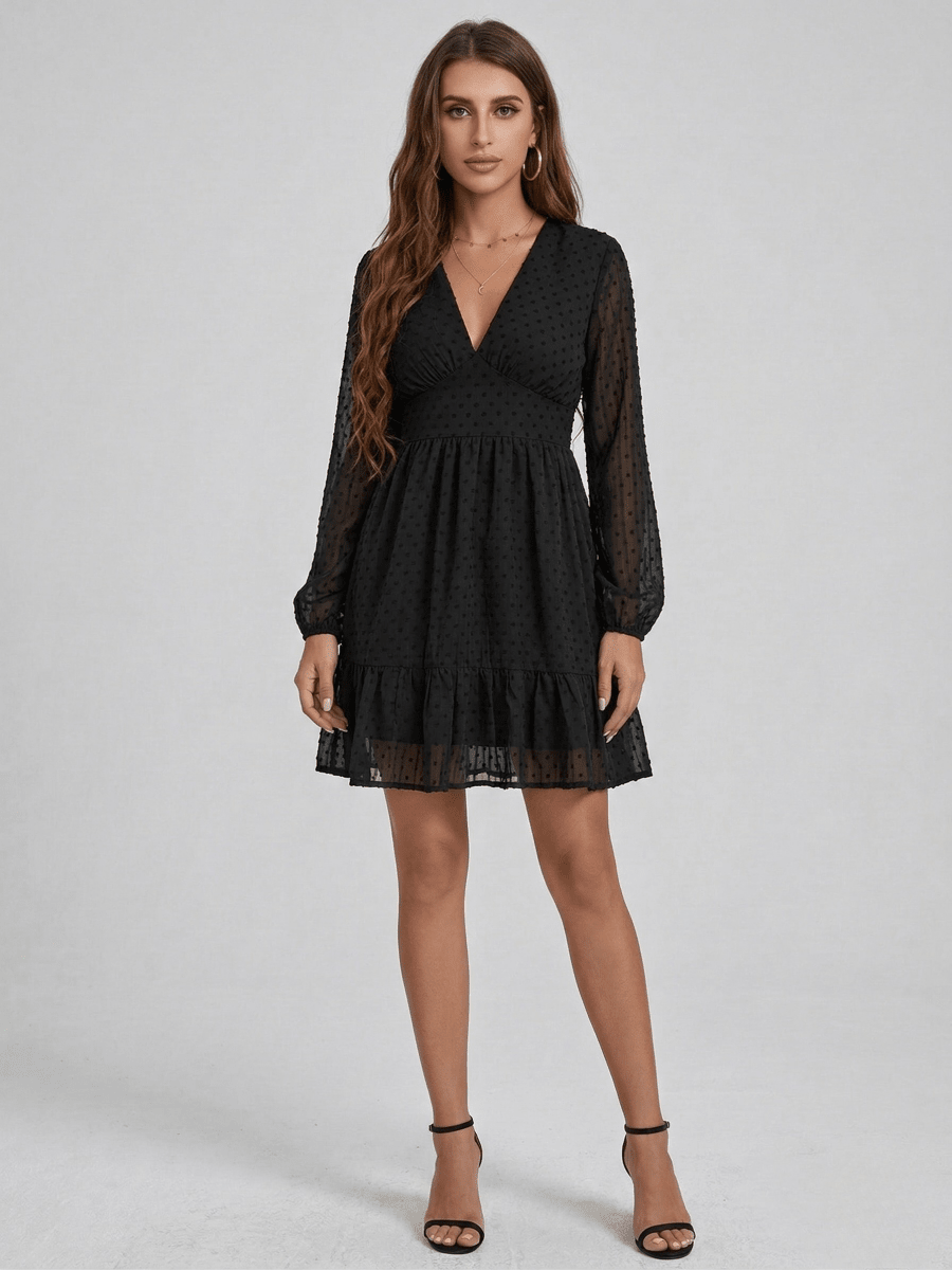 Nalani - Women's short dress with V - neck, long sleeves, elegant tiered chiffon dress - Nalani - UK and AUS Fashion Clothing and Decor