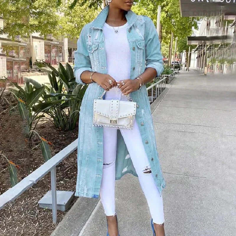 Nalani Women’s Trench Coat – Denim – Relaxed Fit – Distressed – Full Length – Button Front - Nalani - UK Fashion Clothing and Decor
