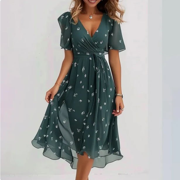 Nalani | Women's V - neck short - sleeved summer dress | Midi - Nalani - Fashion Clothing and Decor
