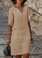 Nalani | Women's vintage - style summer dress with split neckline and 3/4 sleeves | Mini - Nalani - Fashion Clothing and Decor
