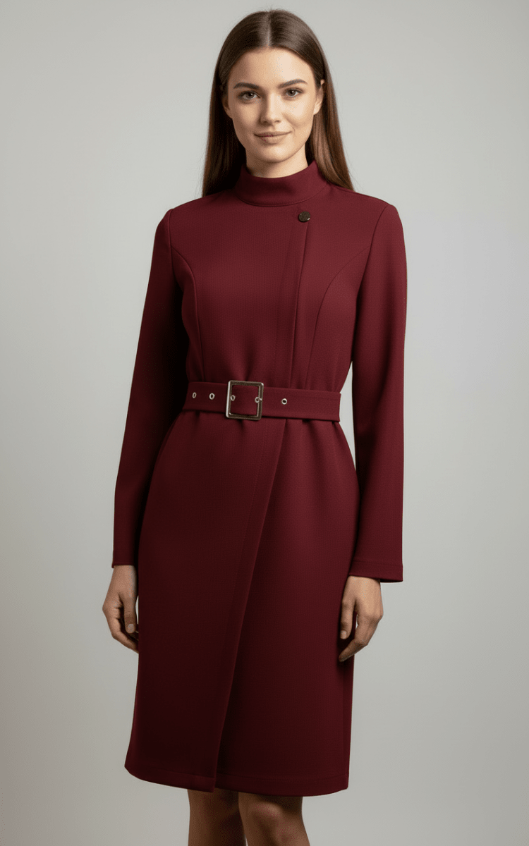 Nina | Asymmetric Belted A-Line Dress - Lumina High-Neck Belted Waist - Nalani - Fashion Clothing and Decor