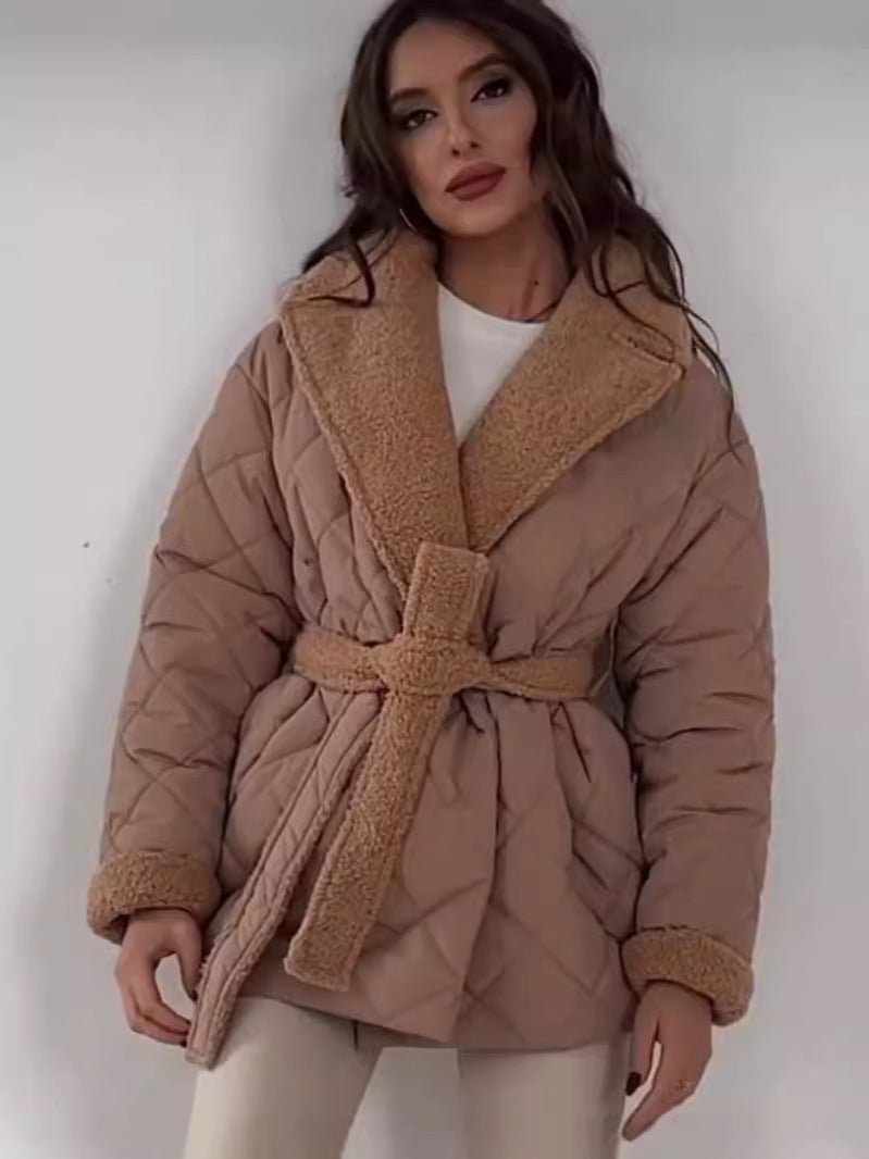 Norvia | Short Cotton Winter Coat With Lapel And Waist Belt Women - Nalani - UK Fashion Clothing and Decor