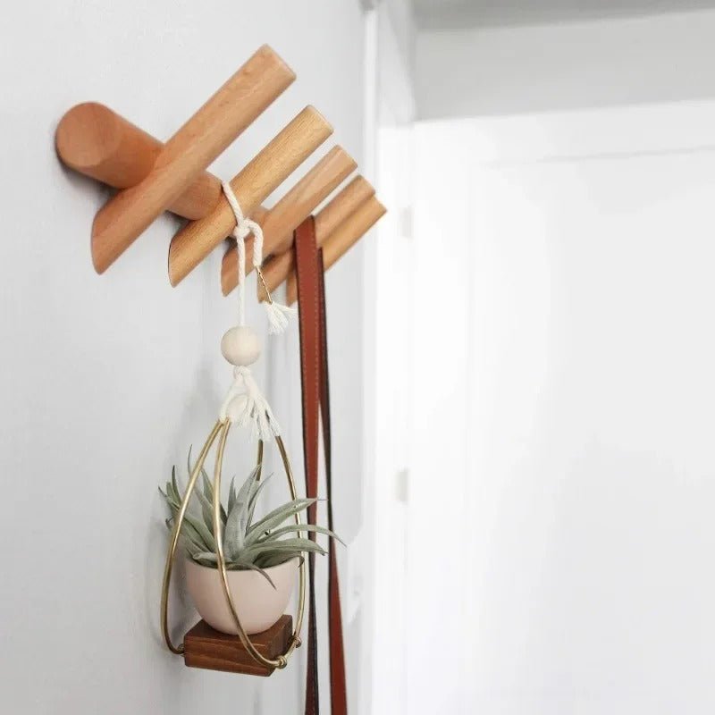 Oak Wood Wall Rack With Four Hooks For Entryway Organizer - Nalani - UK Fashion Clothing and Decor