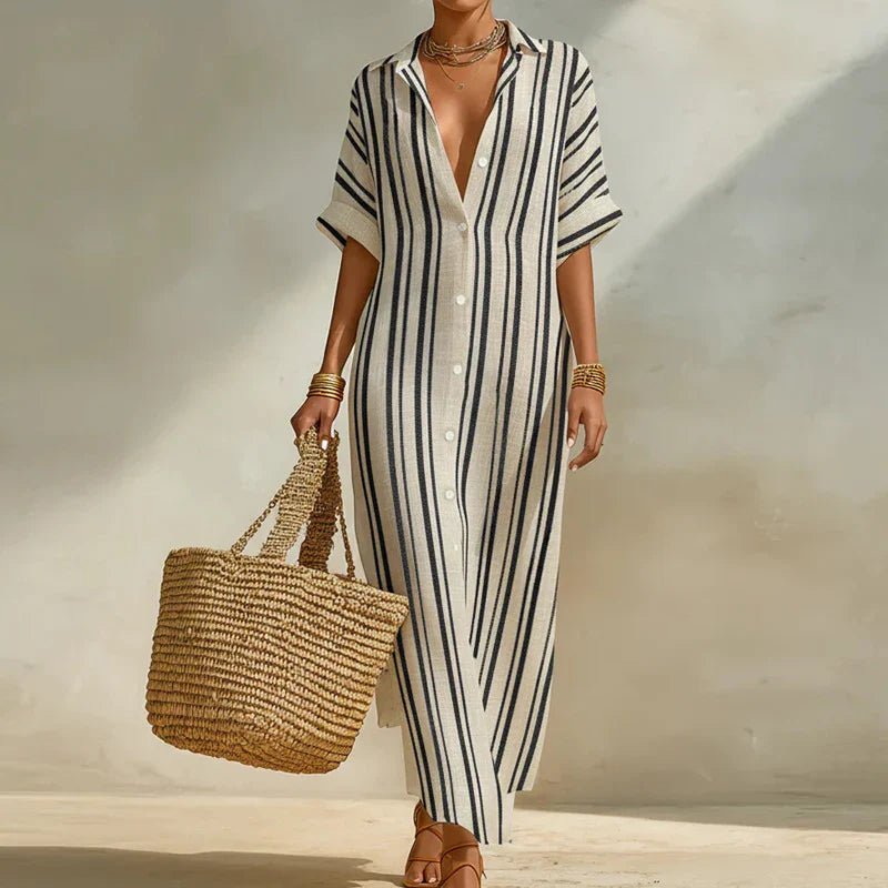 Olivia Linen Long Shirt Dress Relaxed Fit Lightweight Linen Blend - Nalani - Fashion Clothing and Decor