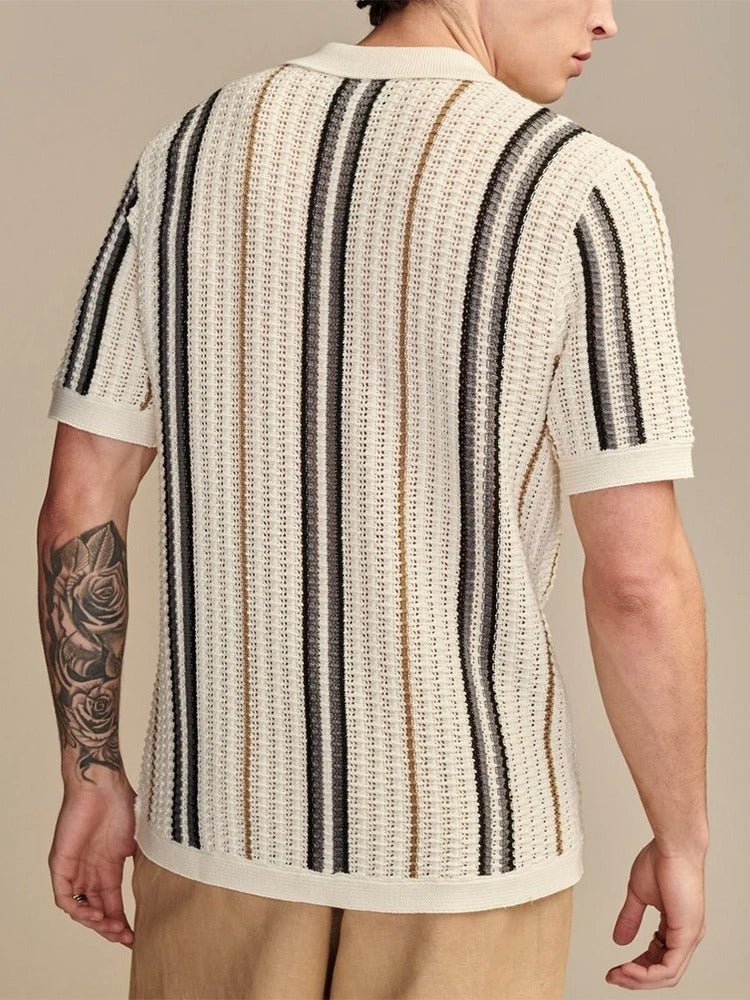 Open Knit Short Sleeve With Revere Collar And Vertical Stripe - Nalani - UK Fashion Clothing and Decor