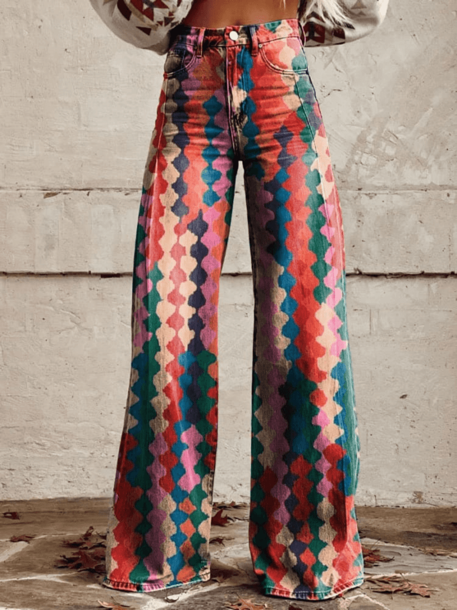 Ovara | Women's Retro Chic Wide - Leg Pants - Geometric Pattern - Vibrant Colors - Casual Elegance - Nalani - UK Fashion Clothing and Decor