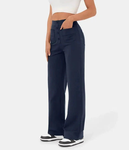 Ovara | Women's Wide - Leg Trousers - High Waist - Button Detail - Relaxed Fit - Full Length - Nalani - UK Fashion Clothing and Decor