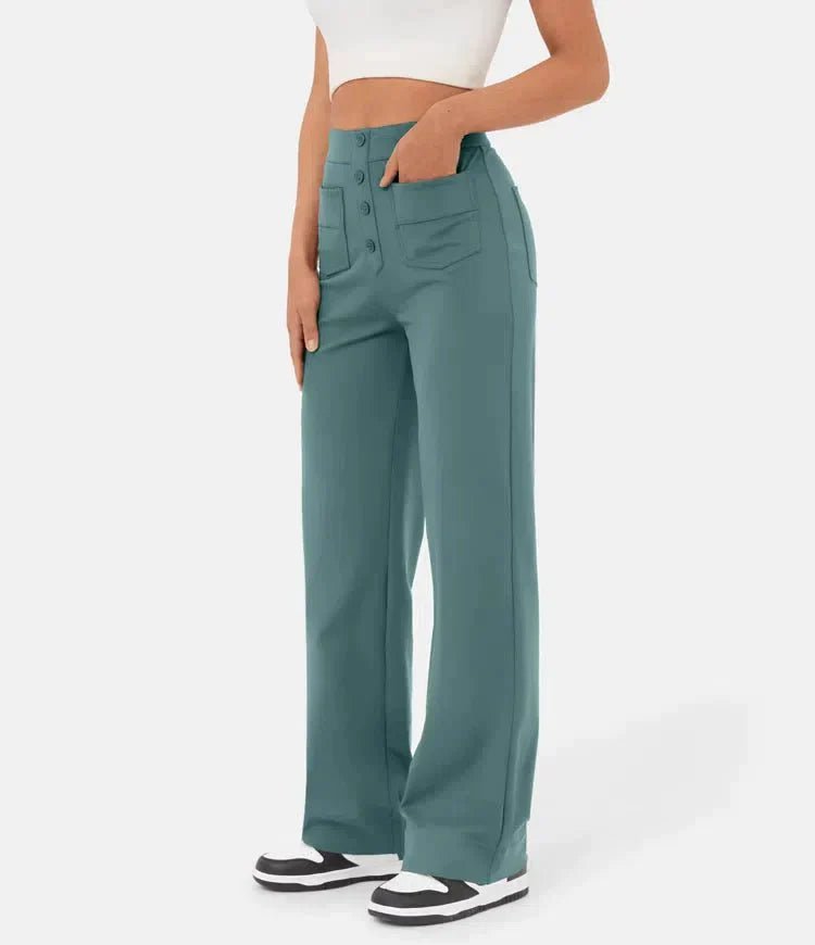 Ovara | Women's Wide - Leg Trousers - High Waist - Button Detail - Relaxed Fit - Full Length - Nalani - UK Fashion Clothing and Decor