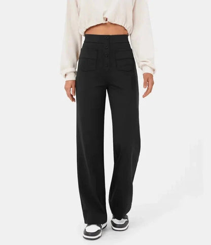 Ovara | Women's Wide - Leg Trousers - High Waist - Button Detail - Relaxed Fit - Full Length - Nalani - UK Fashion Clothing and Decor