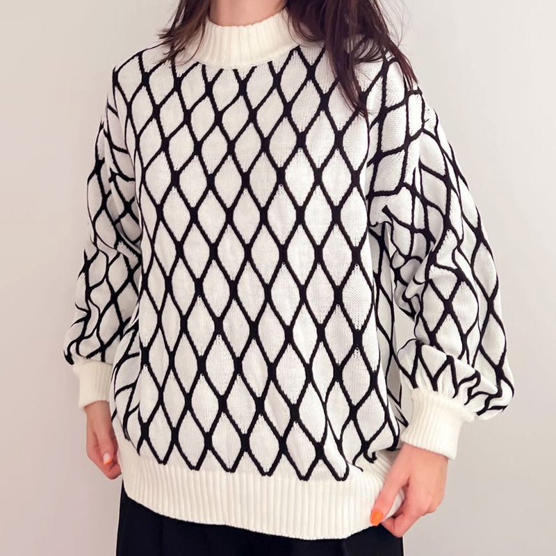 Oversized Knit Sweater With Mock Neck And Balloon Sleeves - Nalani - UK Fashion Clothing and Decor
