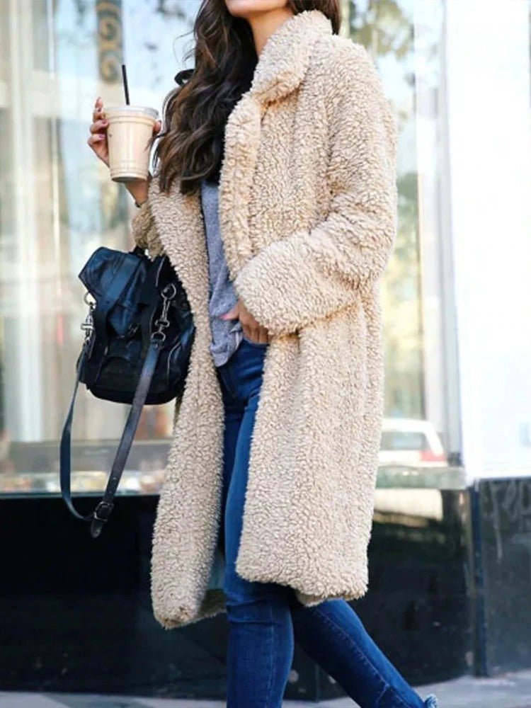 Oversized Winter Teddy Coat With Lapel Collar And Knee Length Pockets - Nalani - UK Fashion Clothing and Decor