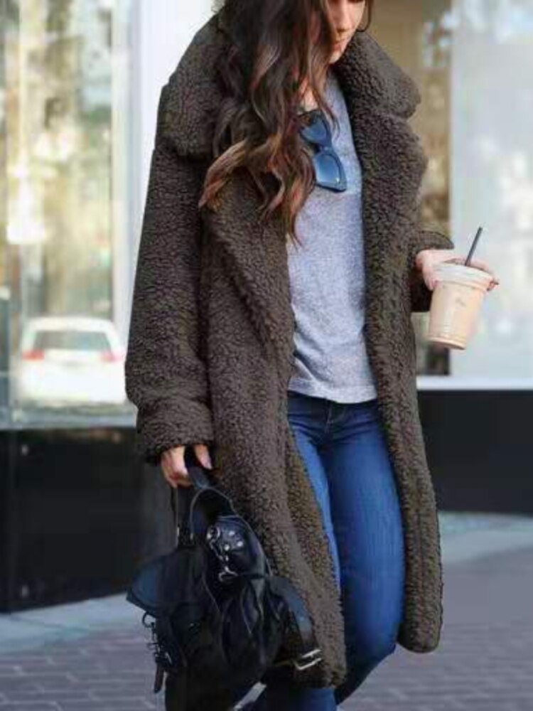 Oversized Winter Teddy Coat With Lapel Collar And Knee Length Pockets - Nalani - UK Fashion Clothing and Decor
