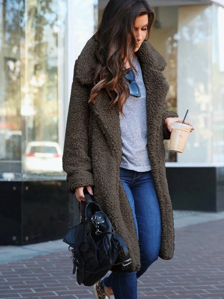 Oversized Winter Teddy Coat With Lapel Collar And Knee Length Pockets - Nalani - UK Fashion Clothing and Decor