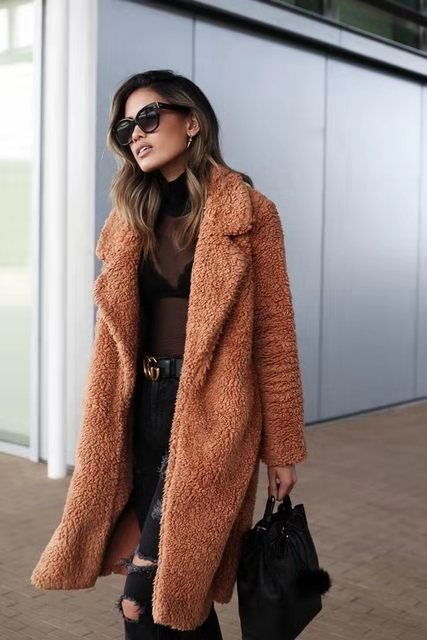 Oversized Winter Teddy Coat With Lapel Collar And Knee Length Pockets - Nalani - UK Fashion Clothing and Decor