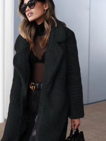 Oversized Winter Teddy Coat With Lapel Collar And Knee Length Pockets - Nalani - UK Fashion Clothing and Decor