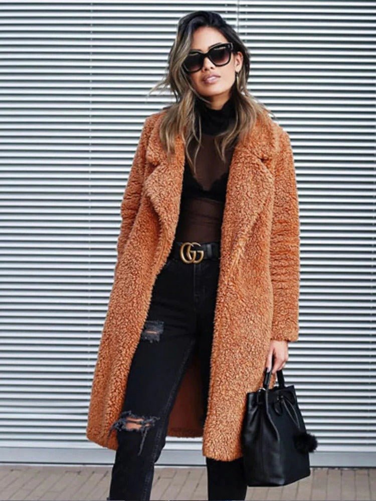 Oversized Winter Teddy Coat With Lapel Collar And Knee Length Pockets - Nalani - UK Fashion Clothing and Decor