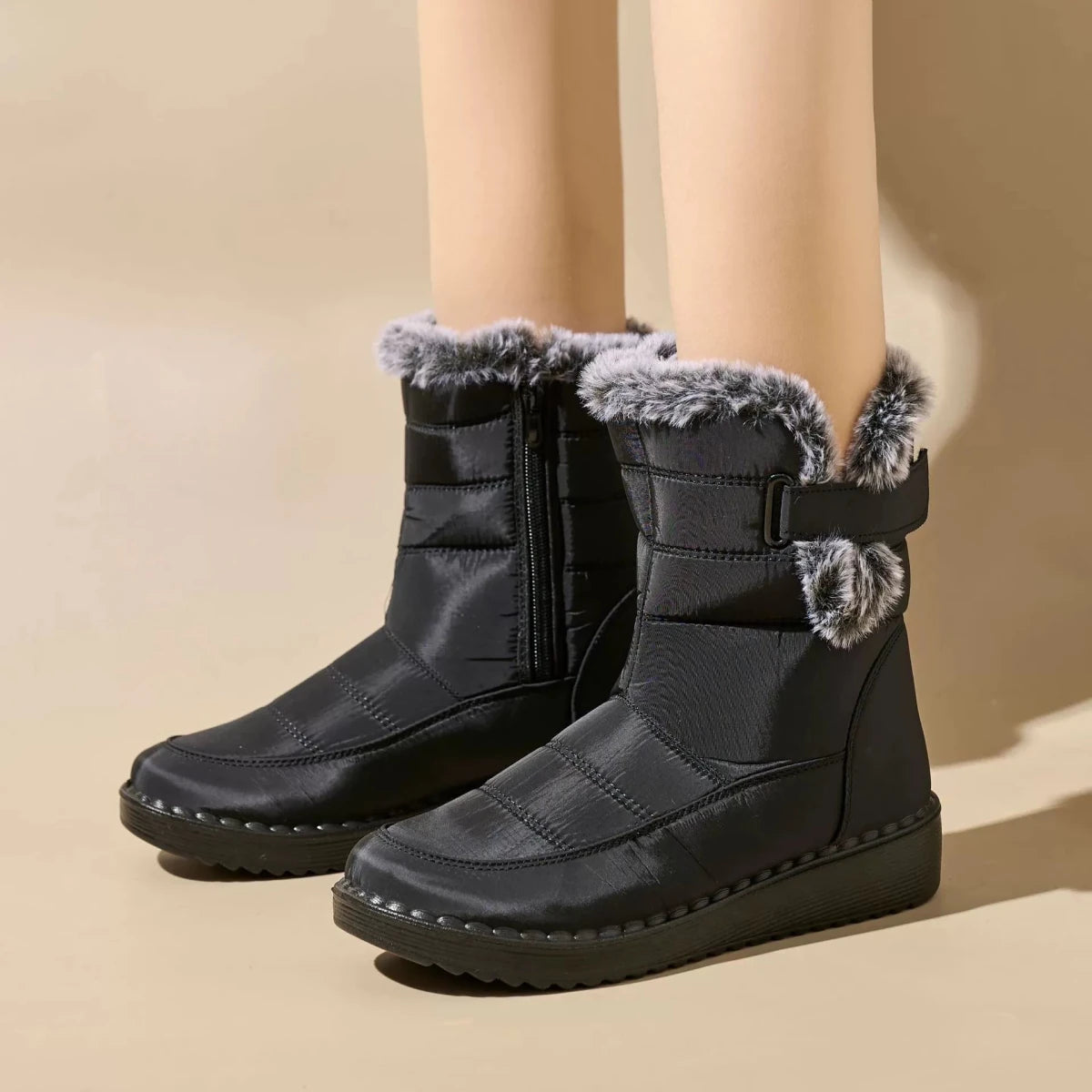 Quilted Weatherproof Mid Calf Boots With Faux Fur Lining Side Zip - Nalani - UK Fashion Clothing and Decor