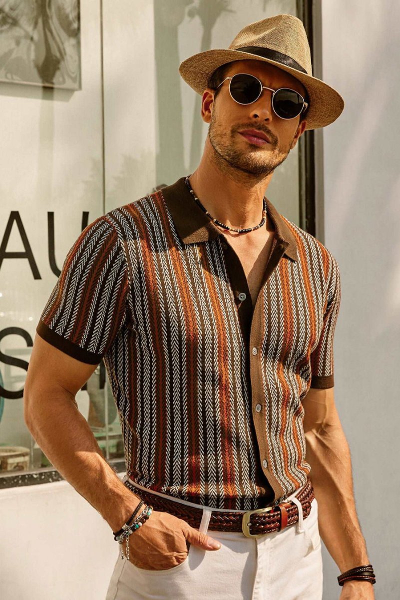Retro Striped Button Down Polo Shirt For Men Short Sleeve - Nalani - UK Fashion Clothing and Decor