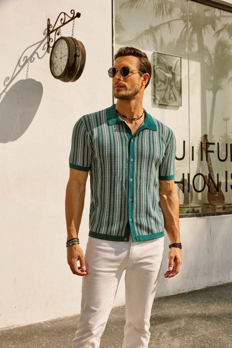 Retro Striped Button Down Polo Shirt For Men Short Sleeve - Nalani - UK Fashion Clothing and Decor