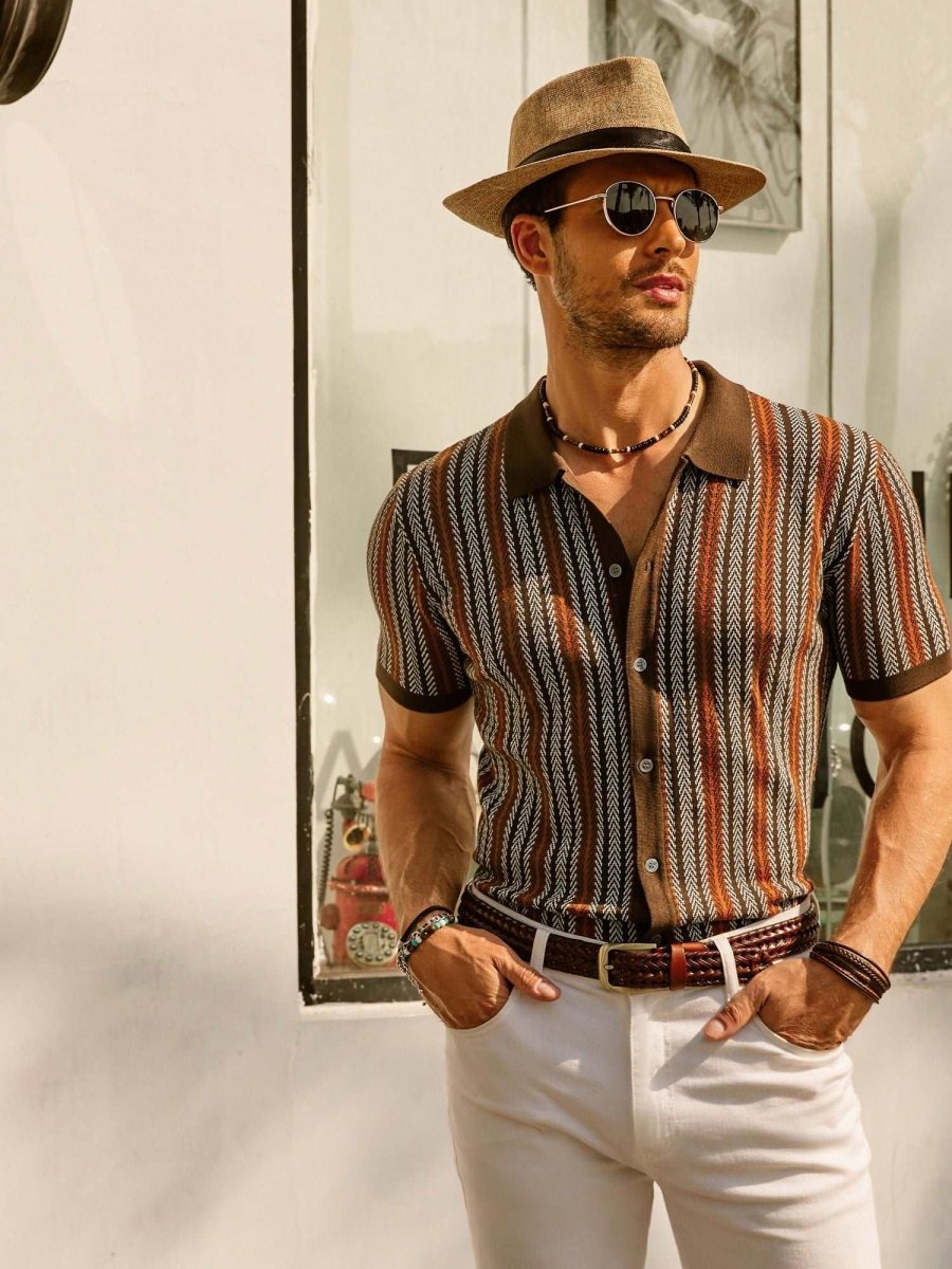 Retro Striped Button Down Polo Shirt For Men Short Sleeve - Nalani - UK Fashion Clothing and Decor