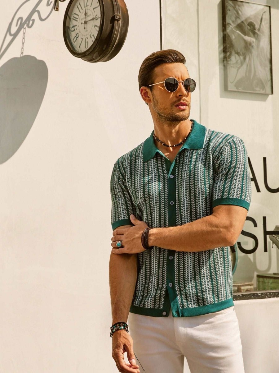 Retro Striped Button Down Polo Shirt For Men Short Sleeve - Nalani - UK Fashion Clothing and Decor