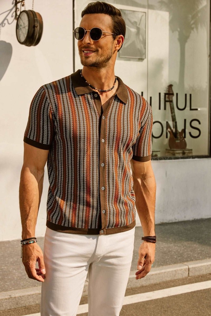 Retro Striped Button Down Polo Shirt For Men Short Sleeve - Nalani - UK Fashion Clothing and Decor
