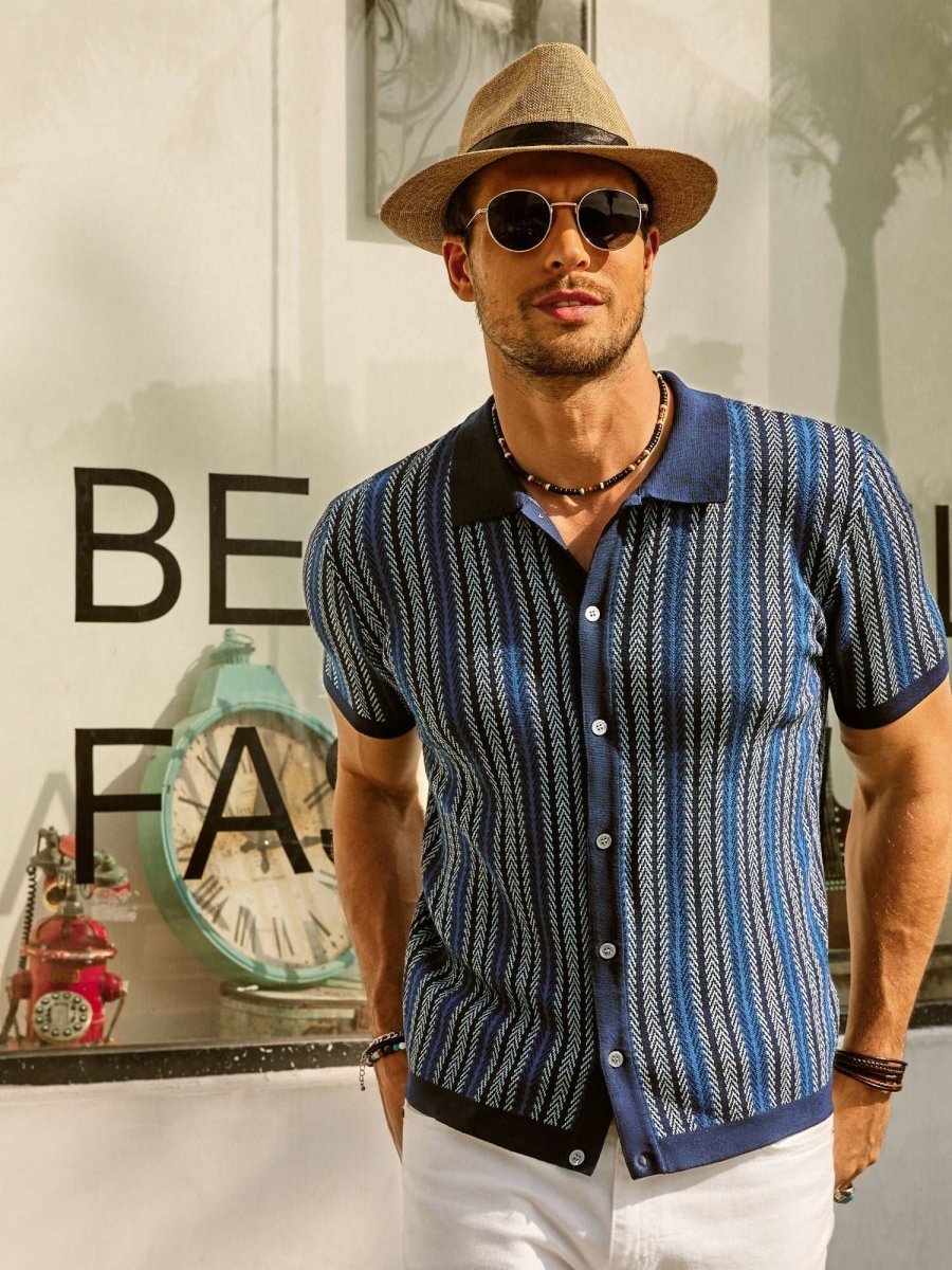Retro Striped Button Down Polo Shirt For Men Short Sleeve - Nalani - UK Fashion Clothing and Decor