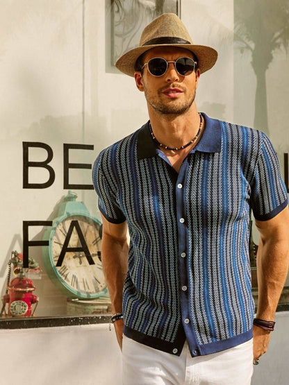 Retro Striped Button Down Polo Shirt For Men Short Sleeve - Nalani - UK Fashion Clothing and Decor