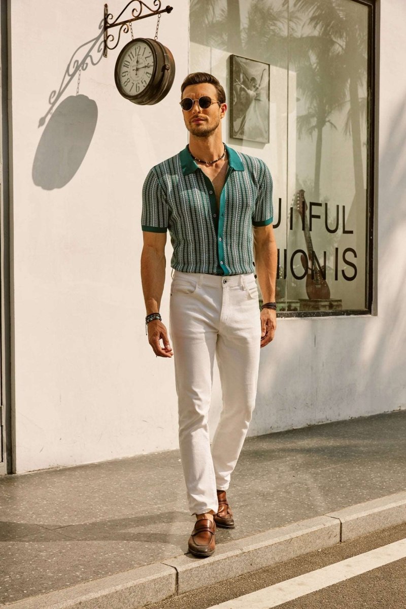 Retro Striped Button Down Polo Shirt For Men Short Sleeve - Nalani - UK Fashion Clothing and Decor