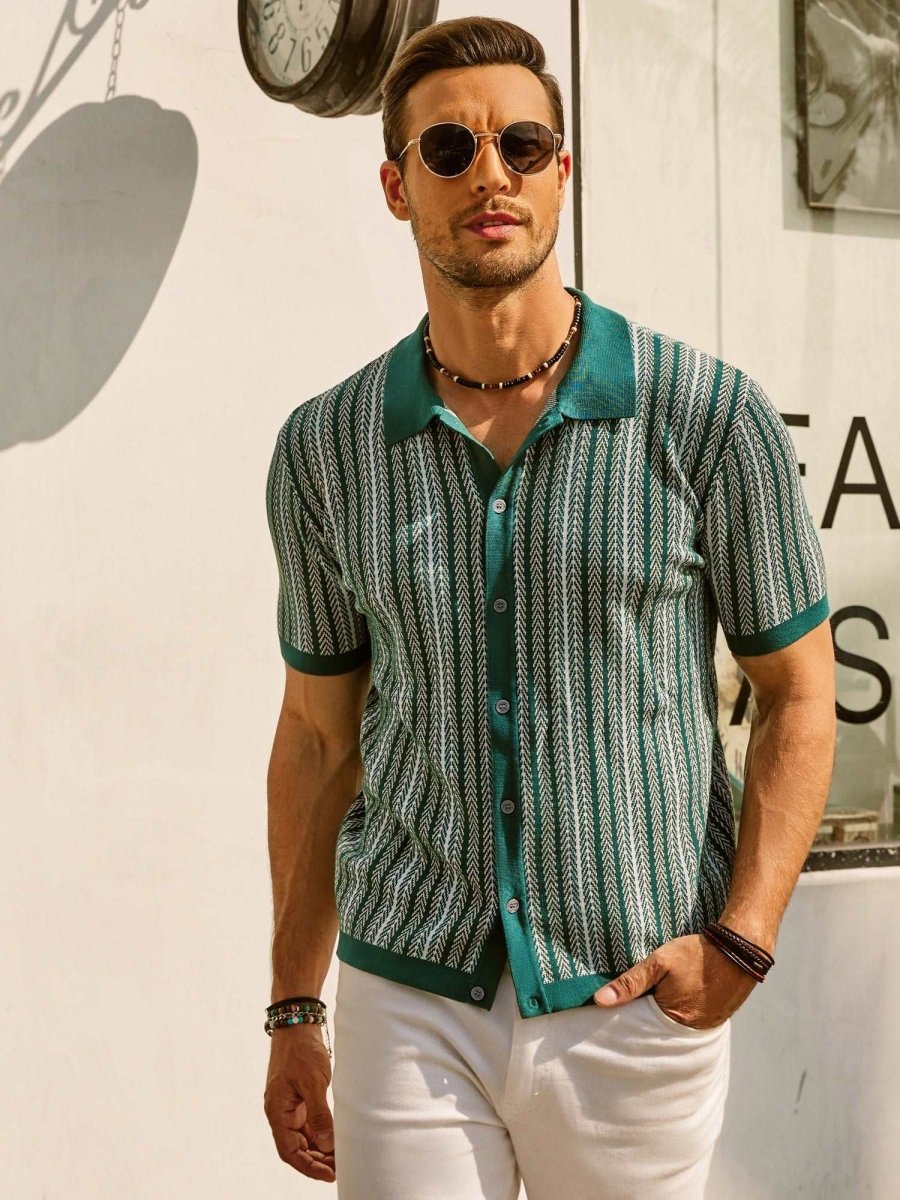 Retro Striped Button Down Polo Shirt For Men Short Sleeve - Nalani - UK Fashion Clothing and Decor