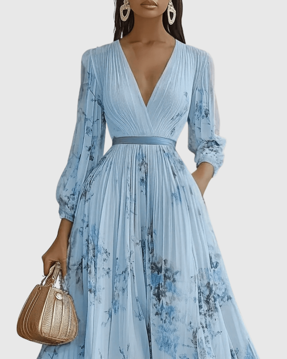 Rowella | Elegant Pleated Maxi Dress With V-Neck And Ribbon Tie Waist - Nalani - Fashion Clothing and Decor