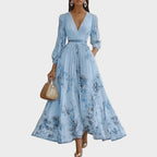 Rowella | Elegant Pleated Maxi Dress With V-Neck And Ribbon Tie Waist - Nalani - Fashion Clothing and Decor